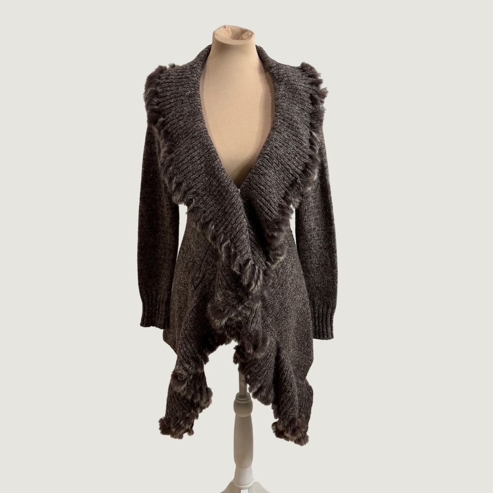 Tempo Paris Faux Fur Trim Cardigan Sweater Brown Marled Knit S/M Boho Fairy Goth